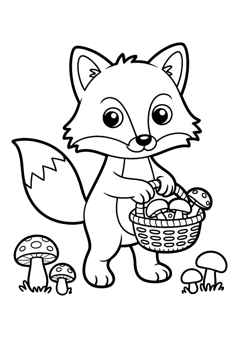 Kleurplaat van een staande vos die een gevlochten mandje vol paddenstoelen draagt, met losse paddenstoelen op de grond o