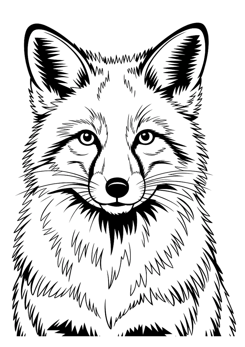 Kleurplaat van een realistisch getekend vossenportret met gedetailleerde vacht, scherpe ogen en gespitste oren, alleen h