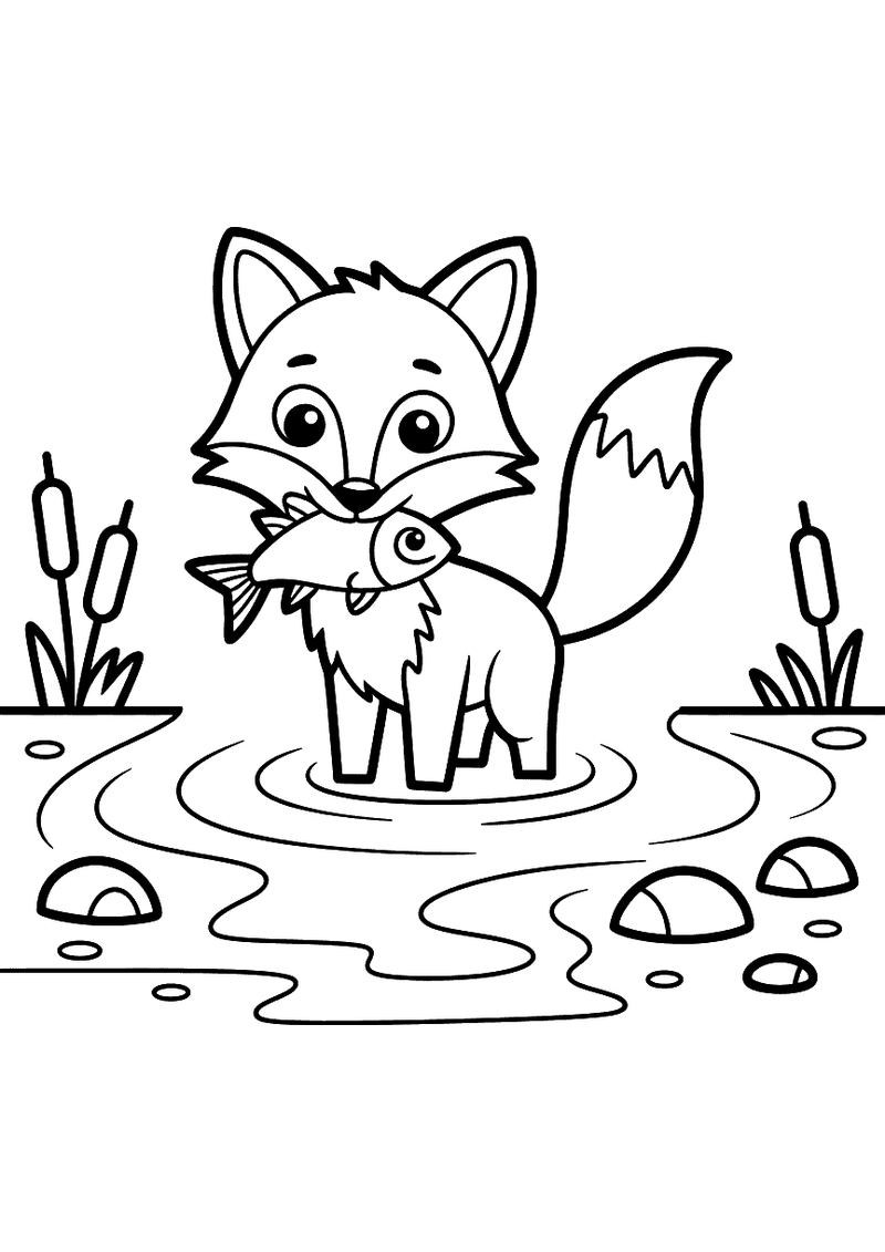 Kleurplaat van een vos die tot zijn knieën in een ondiep riviertje staat en een gevangen vis in zijn bek houdt, met riet