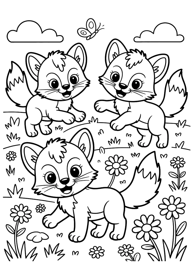 Drie speelse vosjes rennen en springen door een groene wei met bloemen en een vlinder