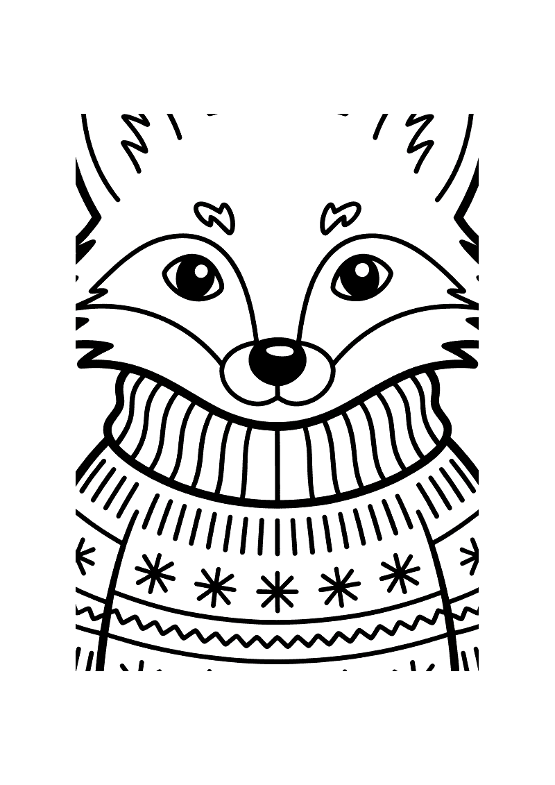 Kleurplaat van een close-up portret van een vos die een dikke wintertrui draagt met sneeuwvlokken- en strepenpatroon