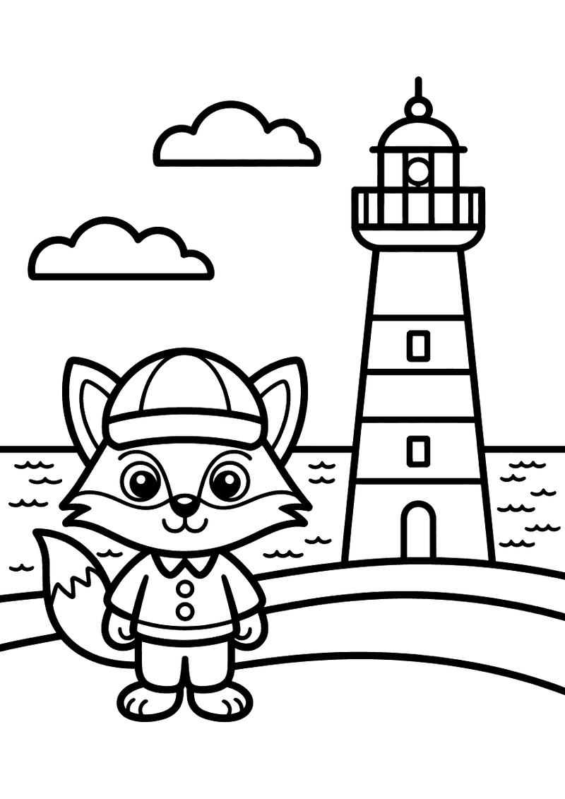 Kleurplaat van een vos in een petje die staat voor een hoge vuurtoren aan de kust met zee op de achtergrond en wolken in
