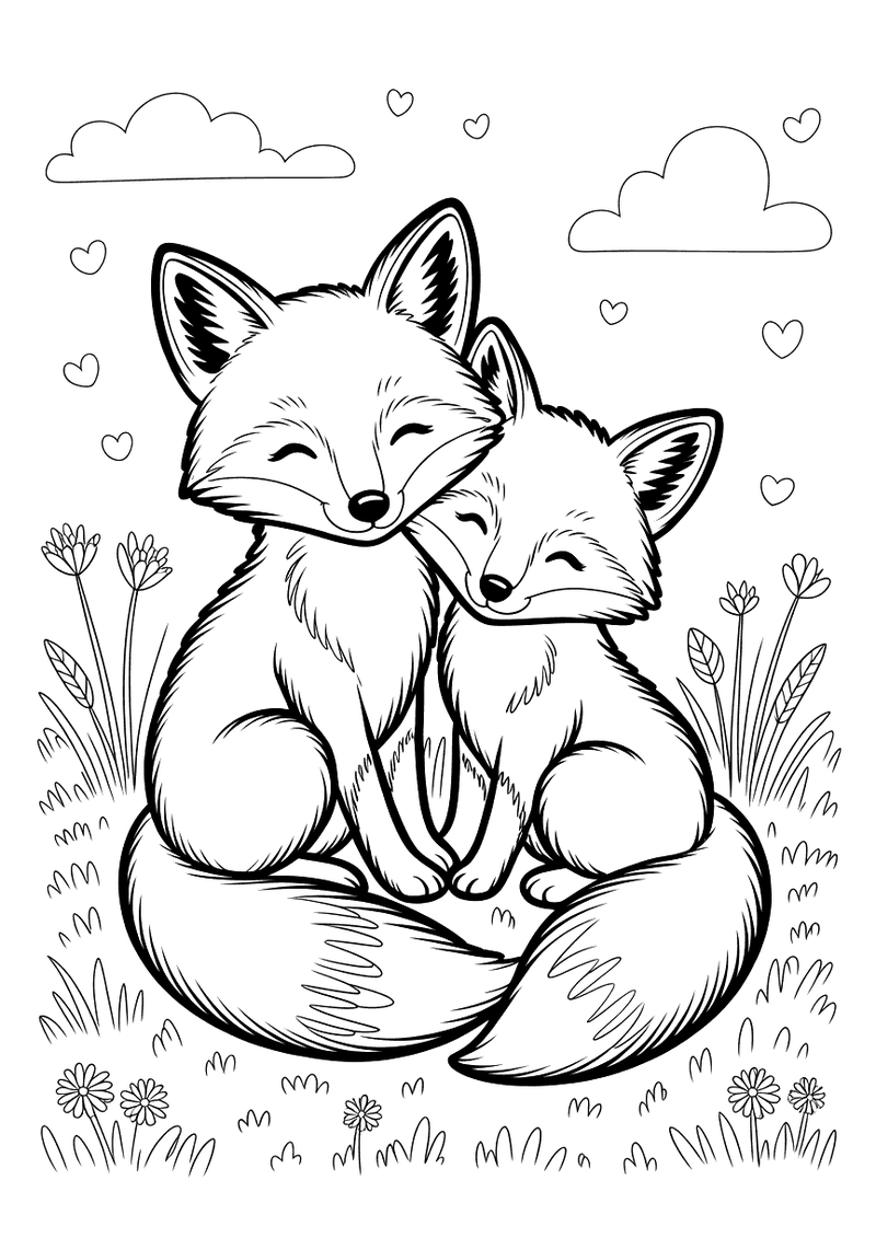 Kleurplaat van twee vossen die naast elkaar zitten en elkaar knuffelen in een bloemenveld met hartjes in de lucht