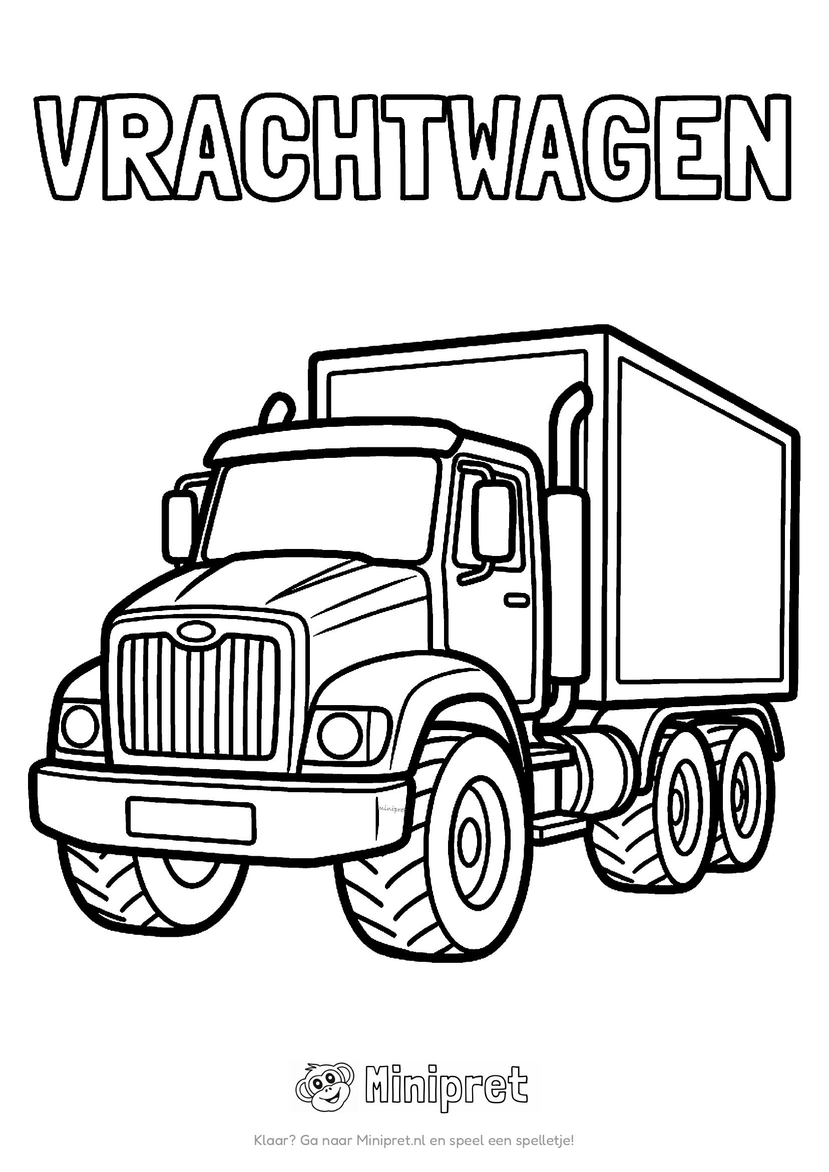 Grote vrachtwagen met cabine en lange laadbak, met het woord VRACHTWAGEN in dikke holle letters erboven