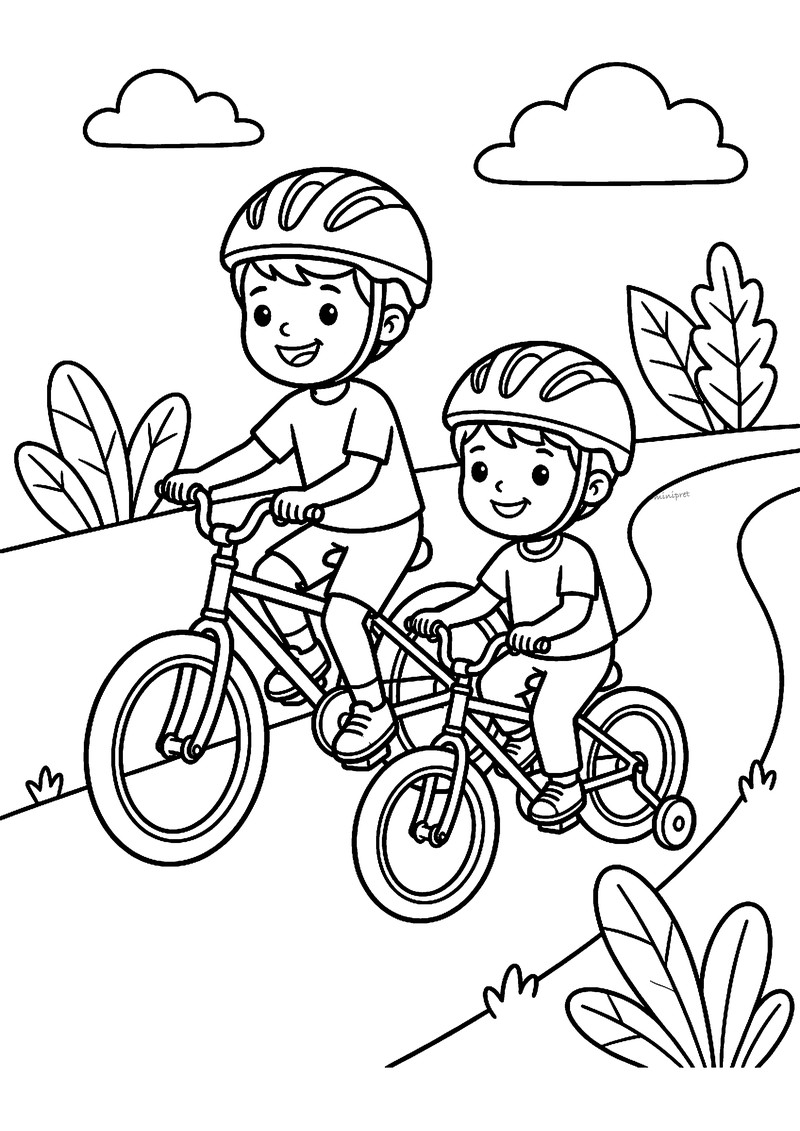 Kleurplaat van twee jongens met fietshelm op de fiets; de kleinste fiets heeft zijwieltjes
