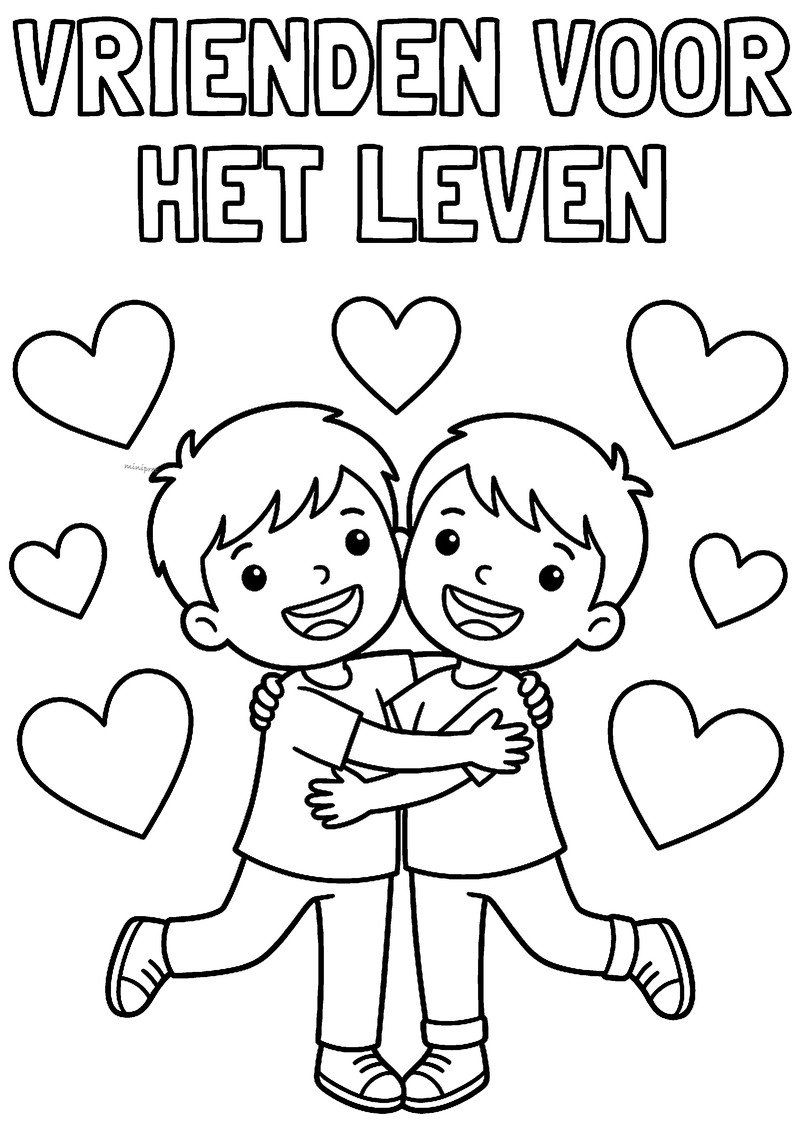 Kleurplaat Vrienden voor het leven: twee lachende jongens omhelzen elkaar, omringd door grote harten