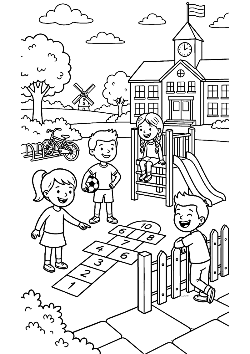 Kleurplaat van vier kinderen op een schoolplein met hinkelbaan, glijbaan, voetbal, fietsenrek, school en molen