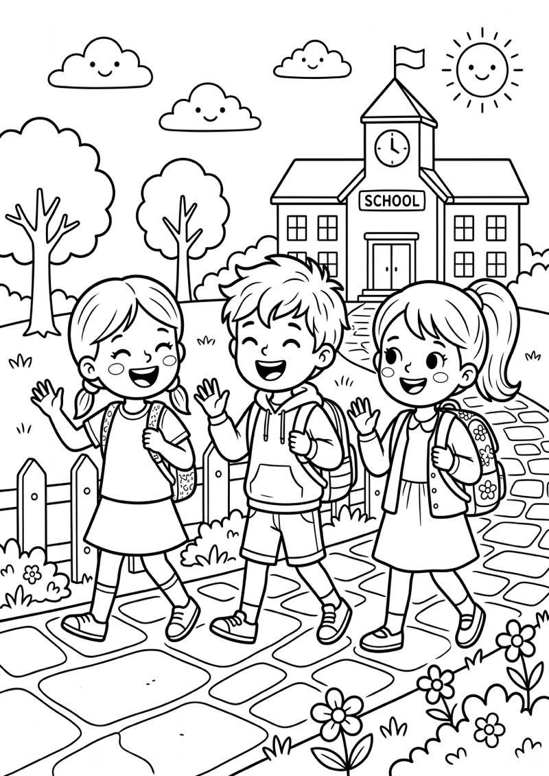 Vriendinnen en Vrienden op Weg naar School Kleurplaat — gratis kleurplaat