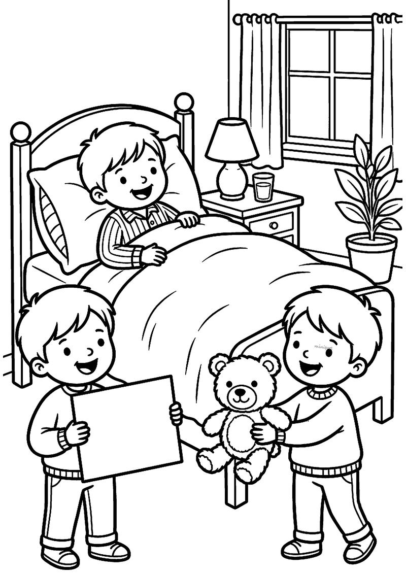 Kleurplaat van een jongen in bed die bezoek krijgt van twee vriendjes met een kaart en een knuffelbeer