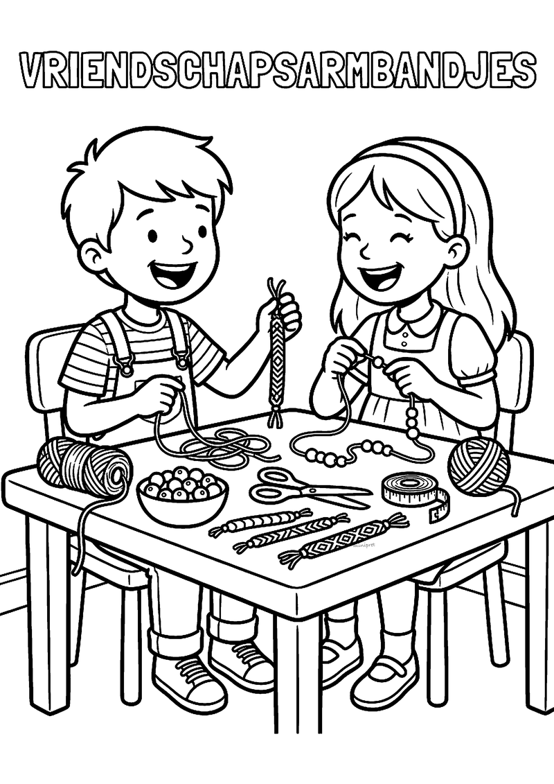 Kleurplaat Vriendschapsarmbandjes: jongen en meisje knopen armbandjes aan tafel met garen, kralen en een schaar