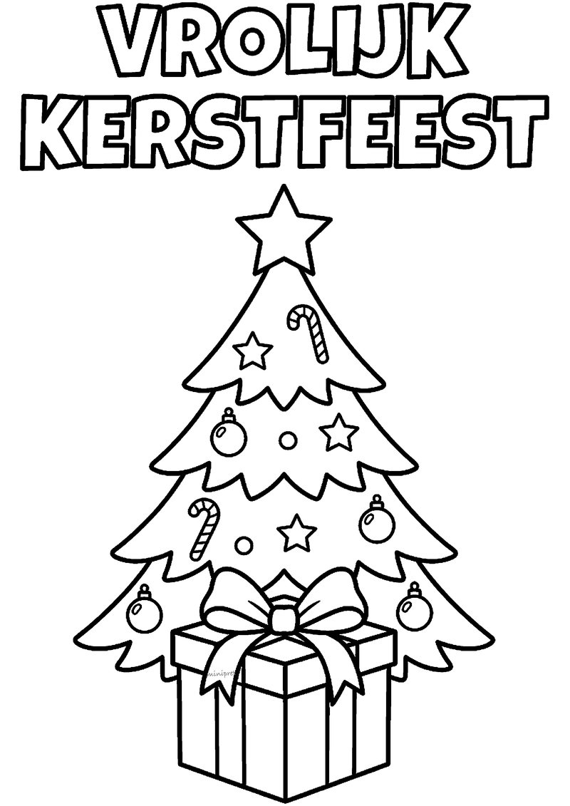 Kleurplaat met titel VROLIJK KERSTFEEST in dikke letters boven een versierde kerstboom met ster en groot cadeau eronder.