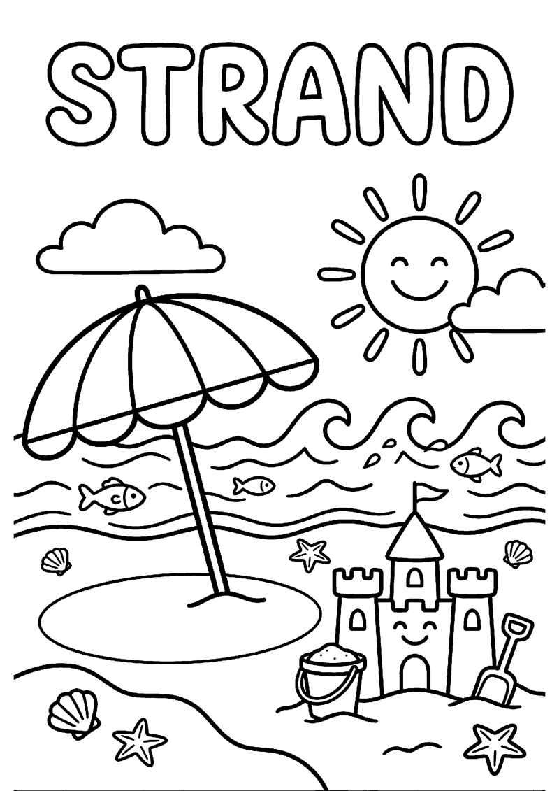 Vrolijk Strand met Zee Zand en Parasol met Tekst Strand Strand Kleurplaat — gratis kleurplaat printen