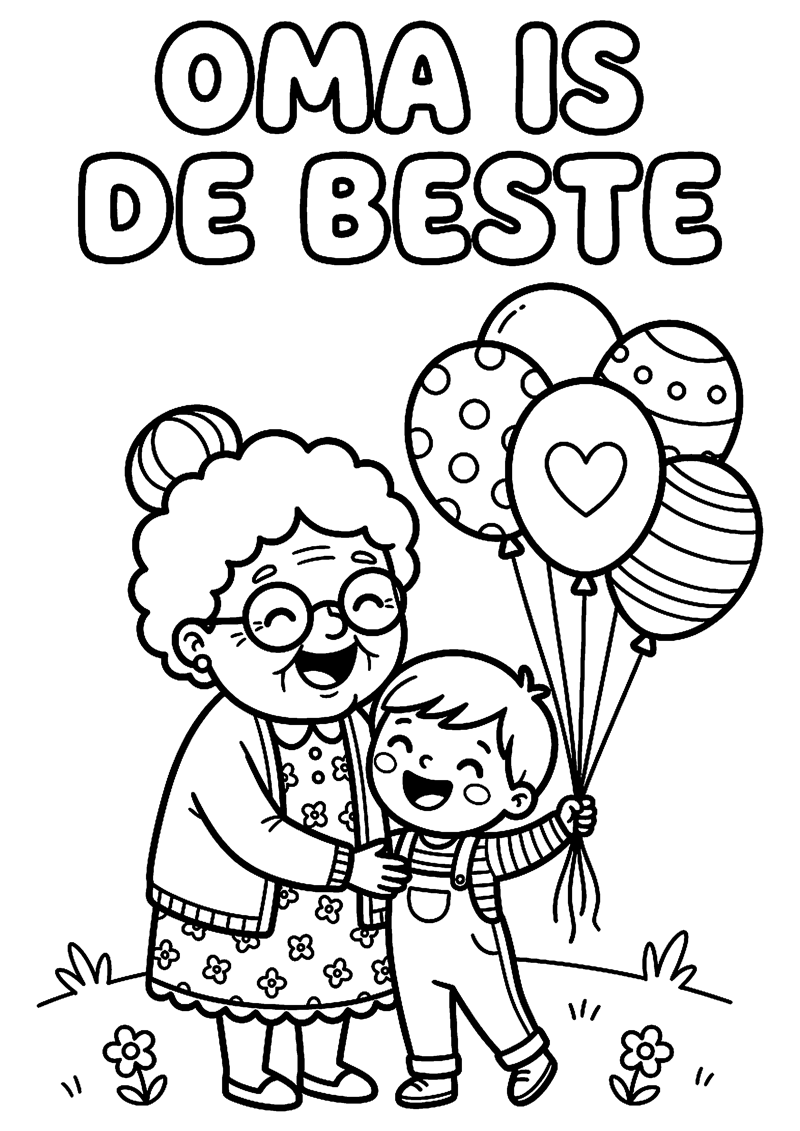 Vrolijke Oma met Kind en Ballonnen met Tekst Oma Is de Beste Oma Kleurplaat — gratis kleurplaat