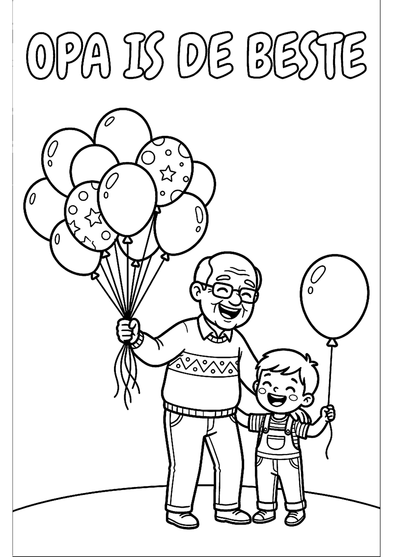 Vrolijke Opa met Kind en Ballonnen met Tekst Opa Is de Beste Opa Kleurplaat — gratis kleurplaat