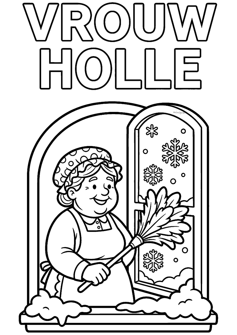 Kleurplaat van Vrouw Holle met muts en schort aan een open raam met sneeuwvlokken en sneeuw op de vensterbank