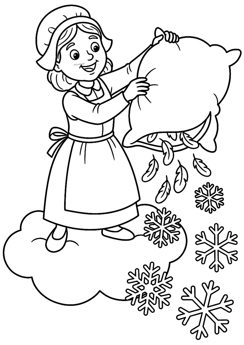Kleurplaat van Vrouw Holle op een wolk die een kussen uitschudt, met veren en sneeuwvlokken die naar beneden vallen