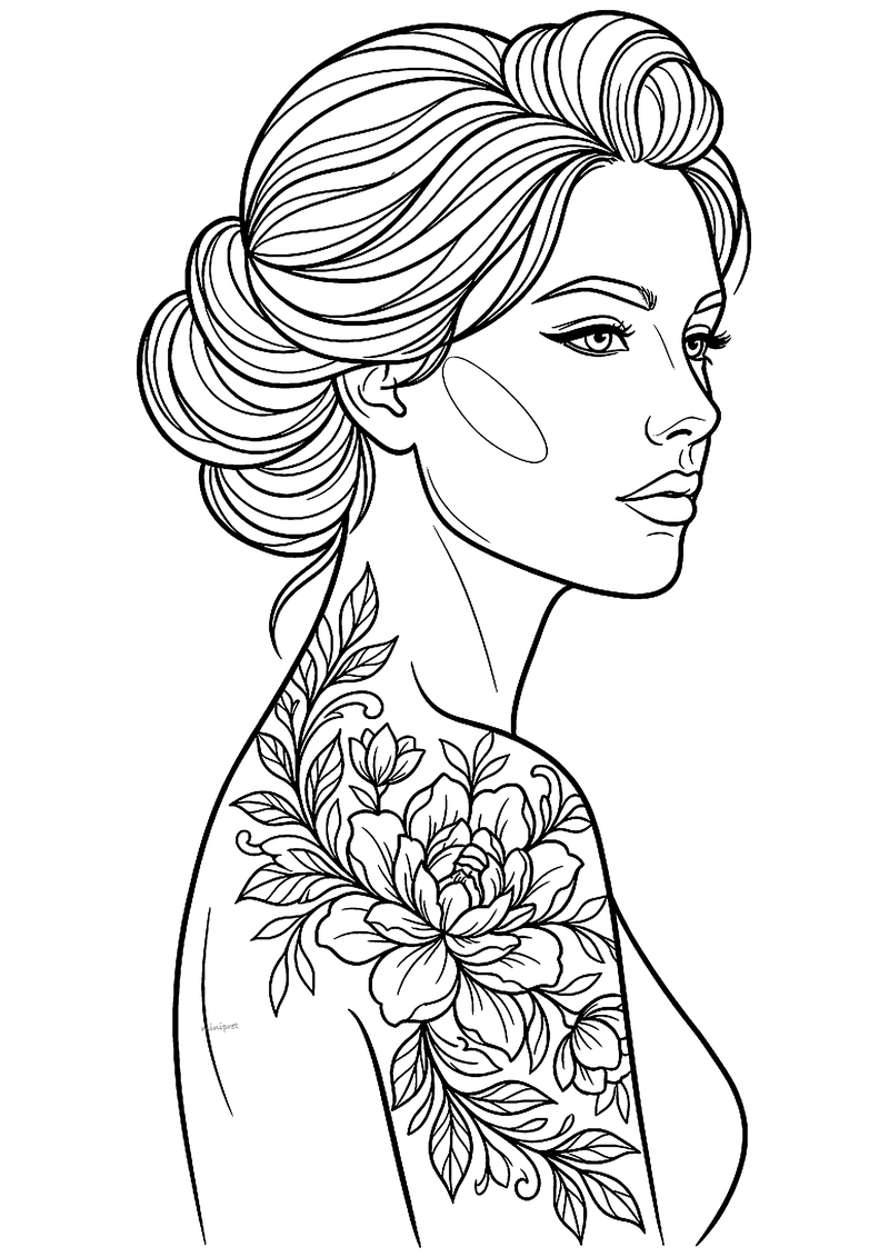 Vrouw in profiel met grote bloemen-tattoo over schouder en rug, tattoo-flash lijntekening