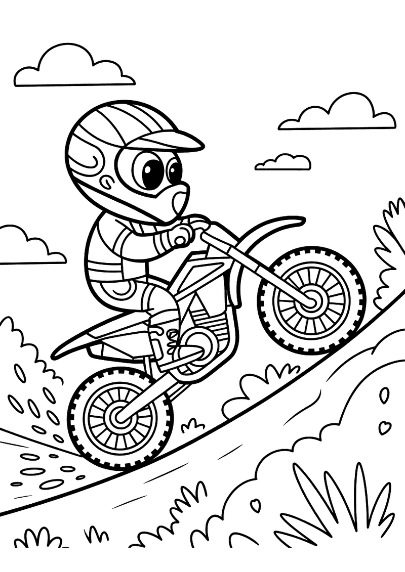 Kleurplaat van een motorcrosser met integraalhelm die met een crossmotor een steile modderige heuvel opgaat