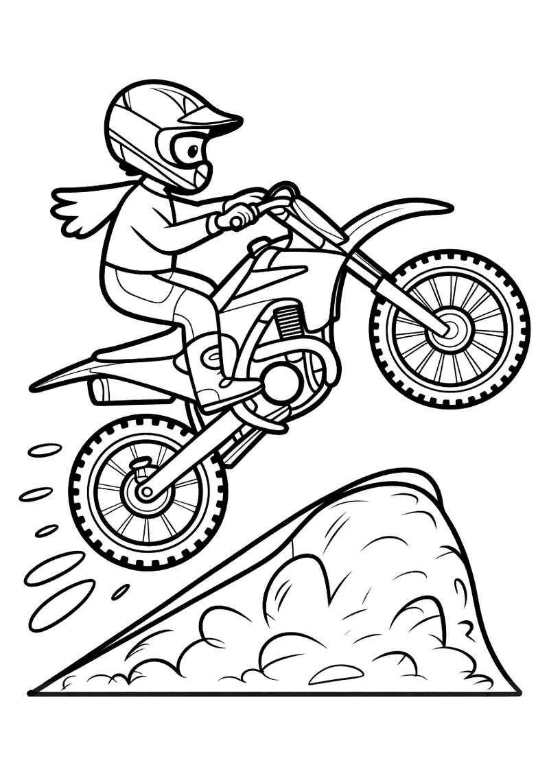 Kleurplaat van een motorcrosser die hoog in de lucht zweeft boven een aarden schans na een sprong