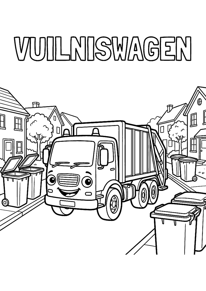 Kleurplaat van een vuilniswagen met lachend gezicht in een straat met huizen, bomen en kliko's