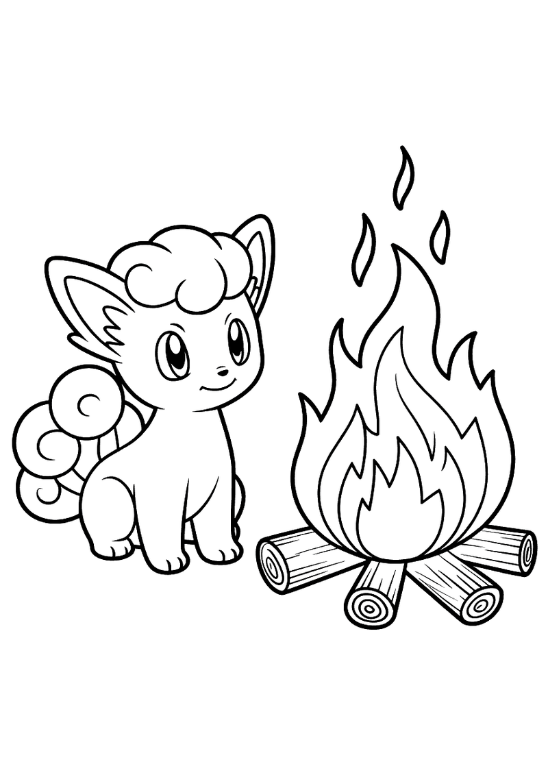 Vulpix zit bij een kampvuur kleurplaat — gratis kleurplaat printen