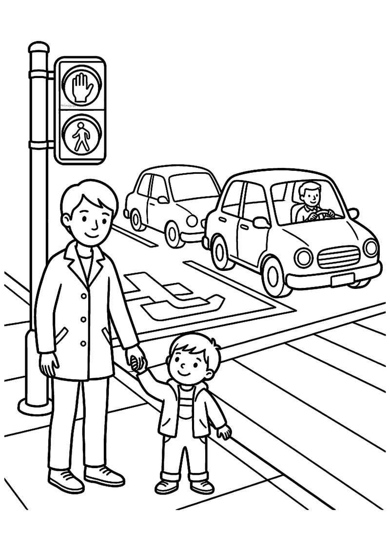 Kleurplaat van een vader die hand in hand met zijn kind wacht bij het voetgangerslicht, met twee auto's