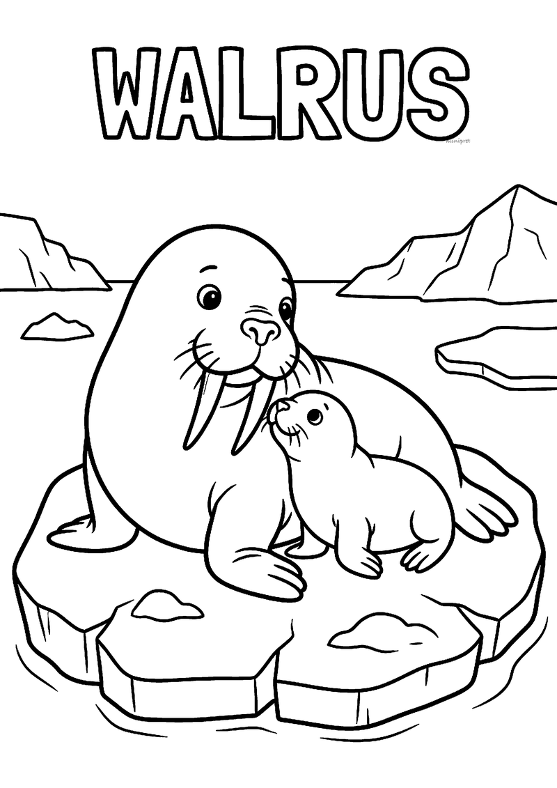 Kleurplaat van een mama walrus met lange slagtanden en haar jong op een ijsschots, met WALRUS erboven