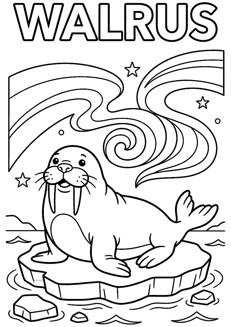 Kleurplaat van een walrus met lange slagtanden op een ijsschots onder golvend noorderlicht en sterren, WALRUS erboven