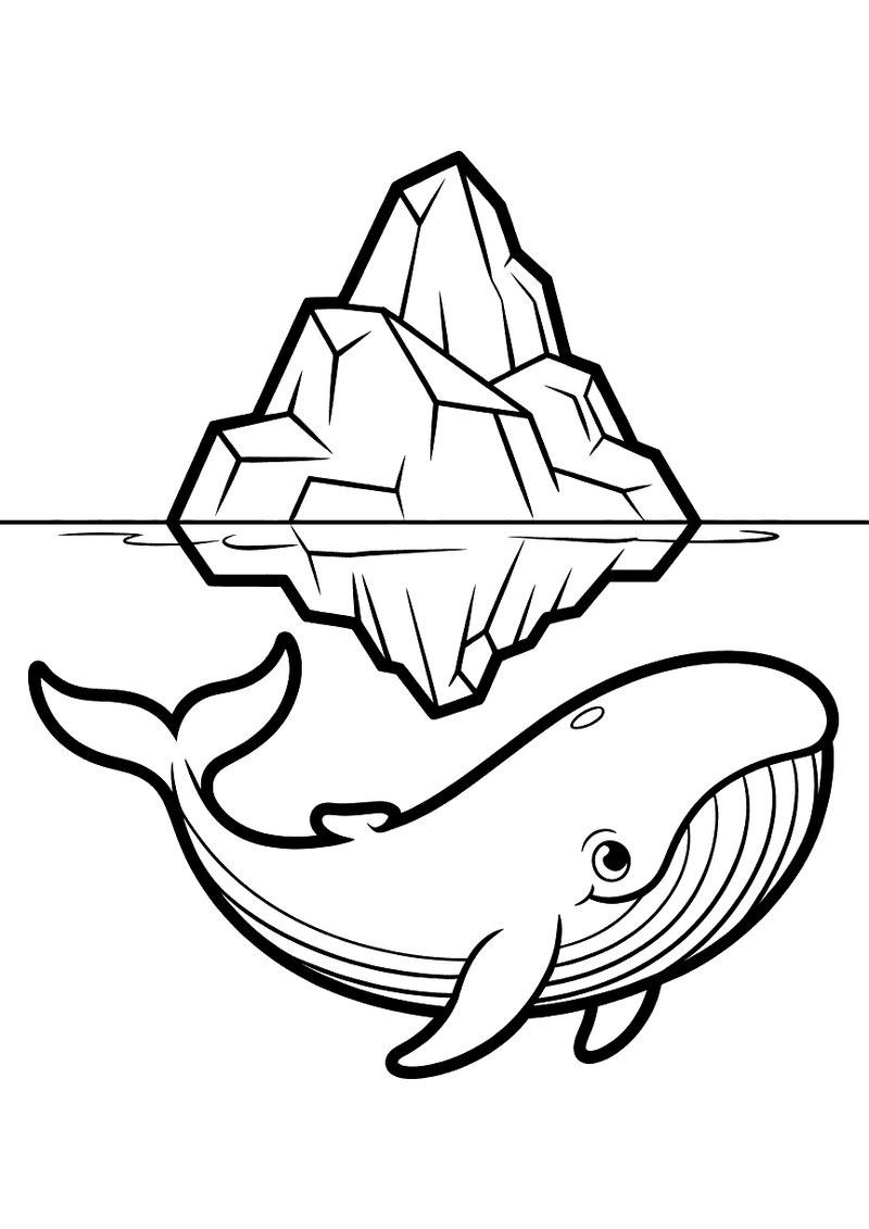 Kleurplaat van een walvis die zwemt naast een grote ijsberg die half boven en half onder het wateroppervlak uitsteekt