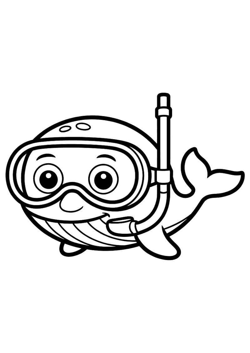 Kleurplaat van een ronde walvis met een grote duikbril en snorkel op, die vrolijk voor zich uit kijkt