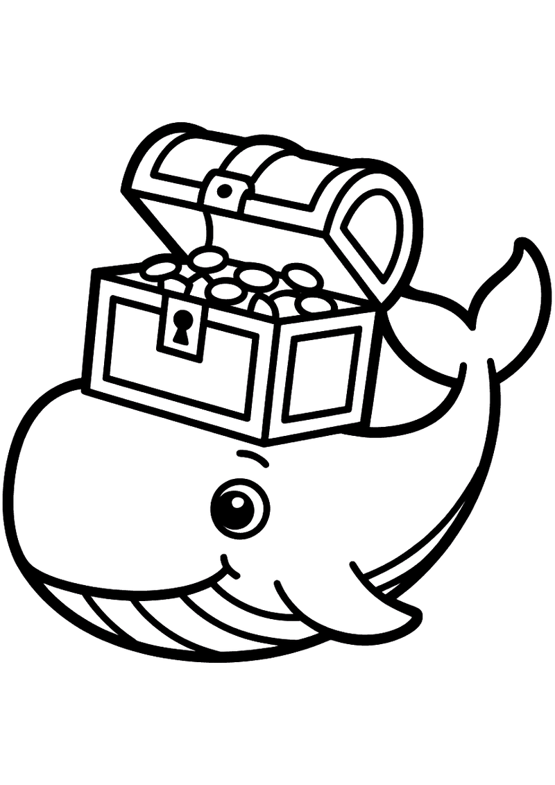 Kleurplaat van een ronde walvis die een open houten schatkist met gouden munten op zijn hoofd draagt en vrolijk glimlach
