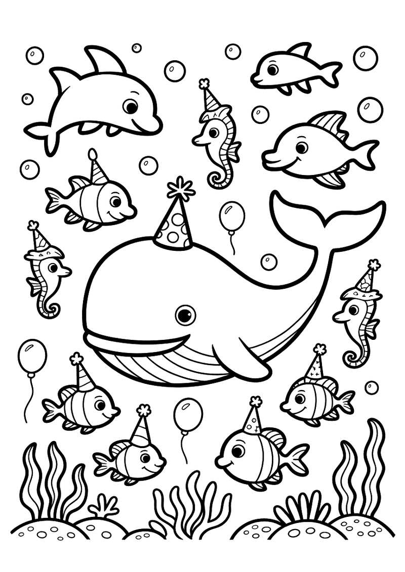 Kleurplaat van een walvis met feestmuts die onderwater feest viert met vissen, een zeepaardje, een dolfijn en ballonnen