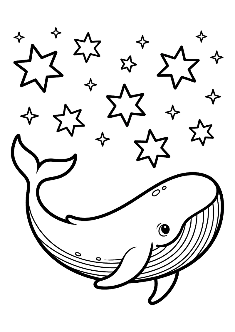 Kleurplaat van een walvis die door een hemel vol sterren van verschillende groottes zweeft, als een droom in de nacht