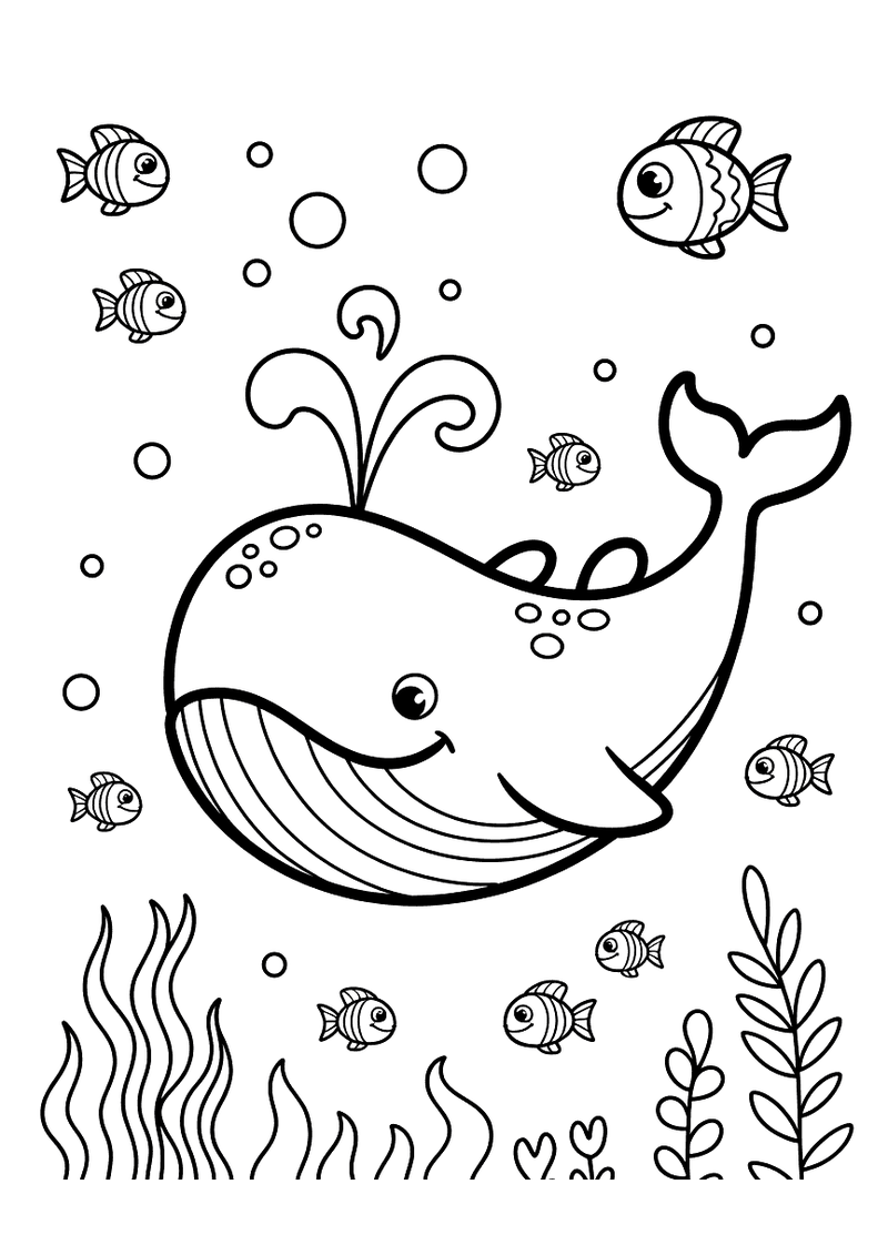 Kleurplaat van een vrolijke walvis die zijn spuitgat gebruikt terwijl kleine vissen en zeeplanten hem omringen in een he