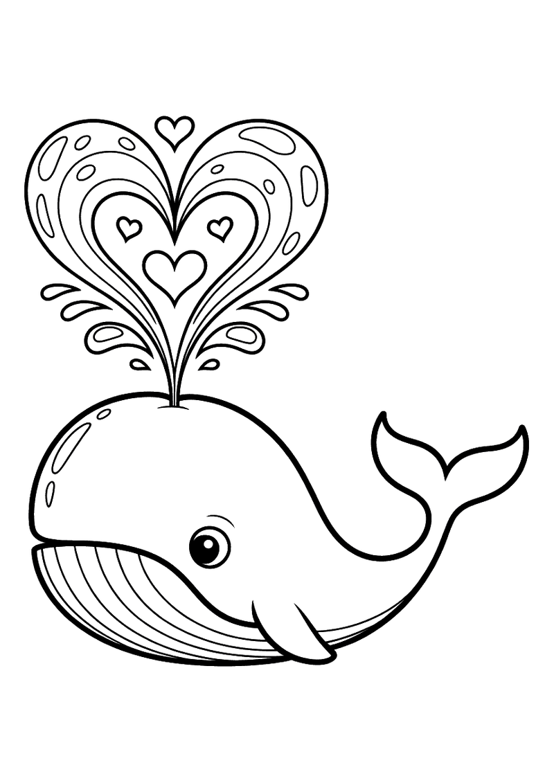 Kleurplaat van een walvis die via zijn spuitgat een groot hartvormige waterstraal omhoogblaast met kleine hartjes erin