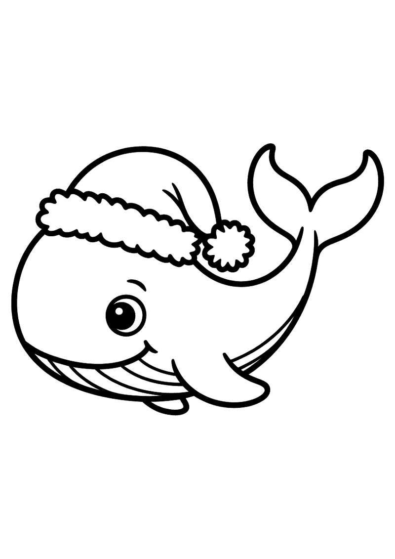 Kleurplaat van een vrolijke walvis met een grote rode kerstmuts met witte rand op zijn hoofd, breed lachend