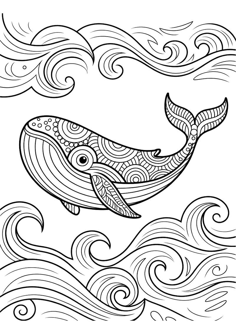 Kleurplaat van een walvis in mandalastijl met decoratieve patronen op het lichaam omgeven door zwierige golven en wervel