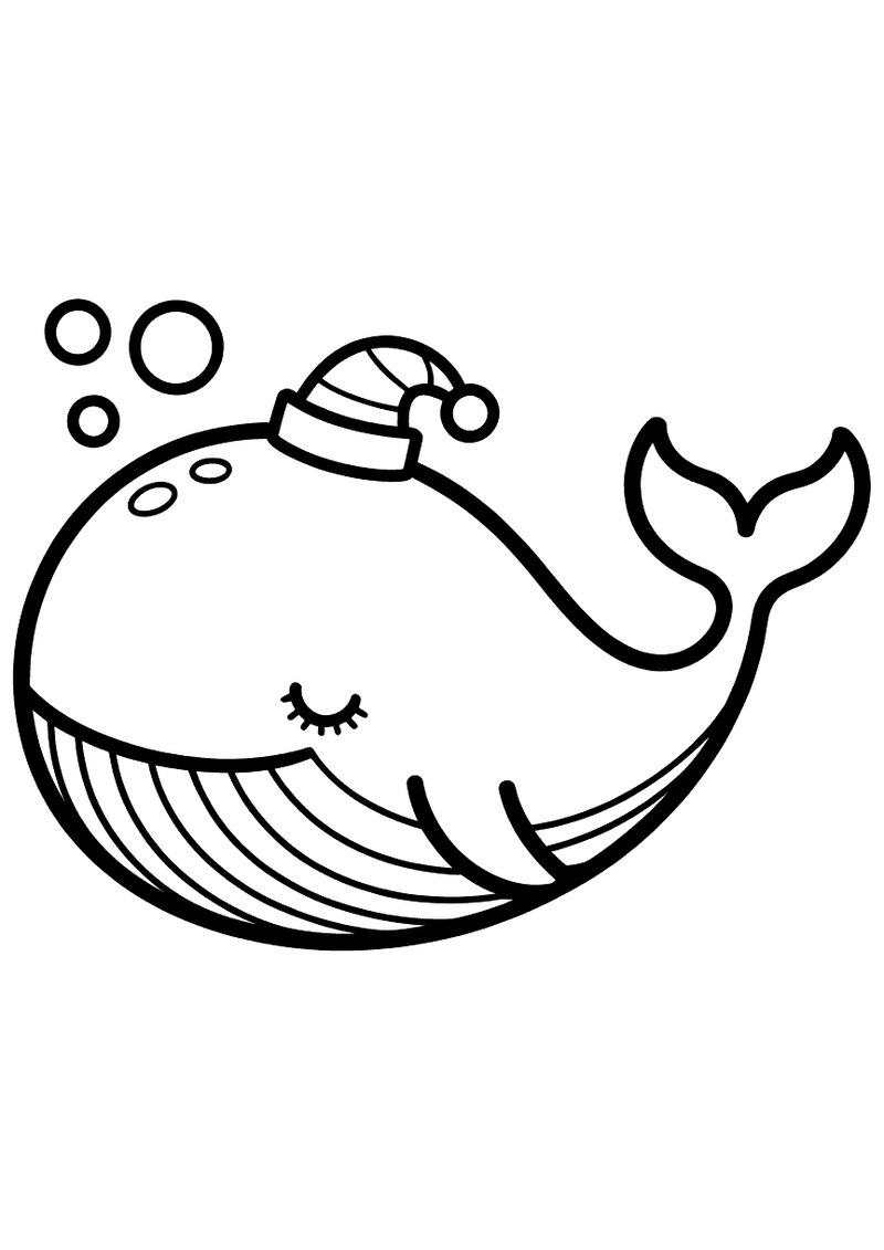 Kleurplaat van een slapende walvis met gesloten ogen en een gestreepte nachtmuts op zijn hoofd terwijl luchtbellen omhoo