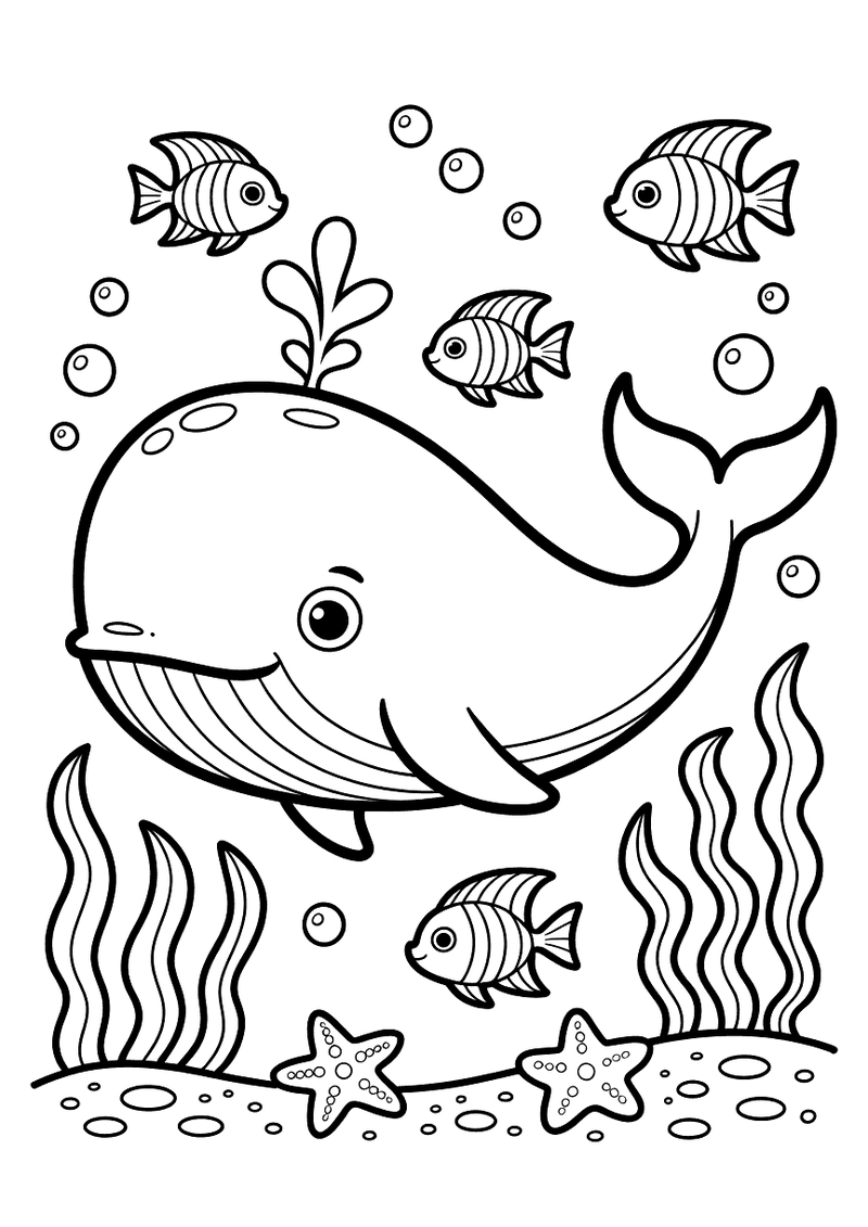 Kleurplaat van een walvis die zwemt in een volle onderwaterscene met vissen, zeesterren, zeeplanten en belletjes om hem