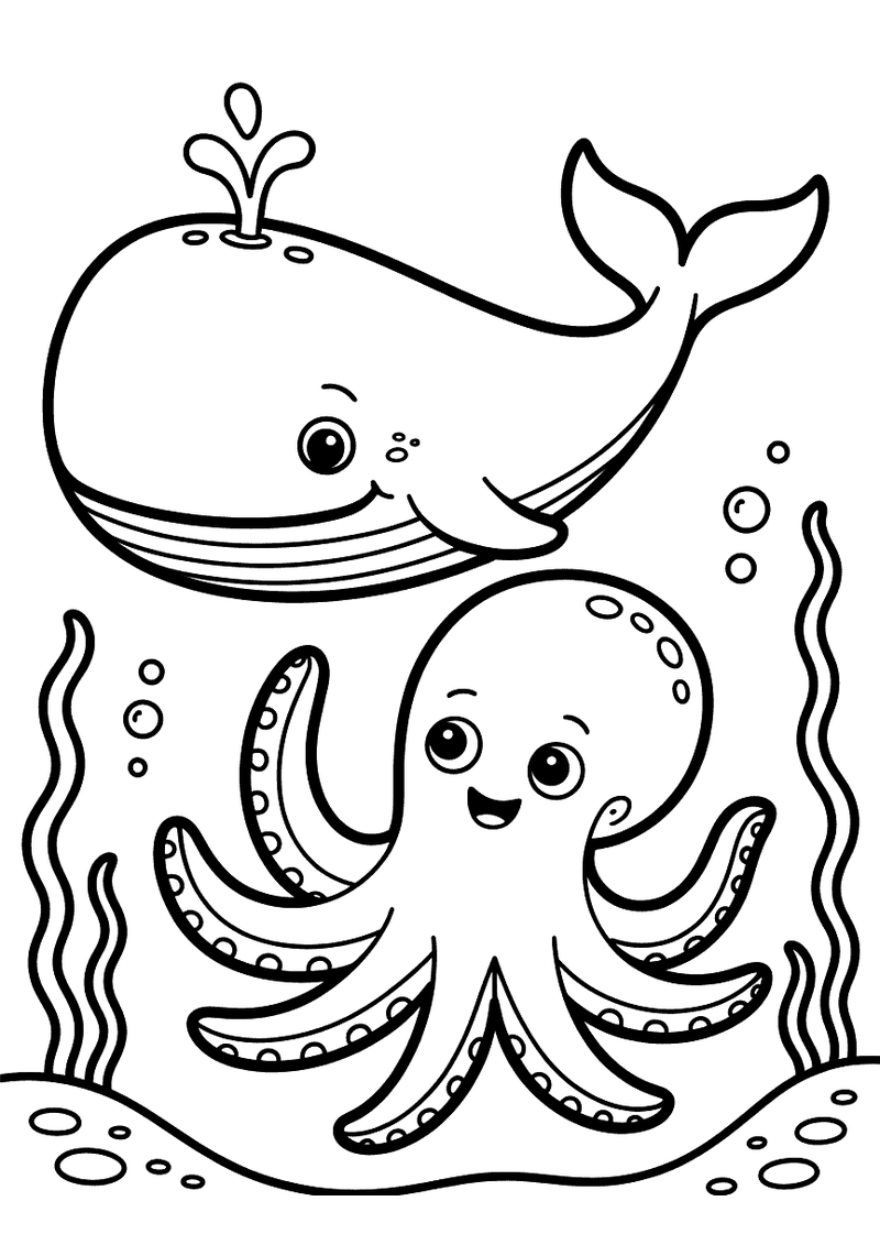 Kleurplaat van een ronde walvis met spuitgat die een vrolijke octopus ontmoet tussen zeewierplanten op de zeebodem