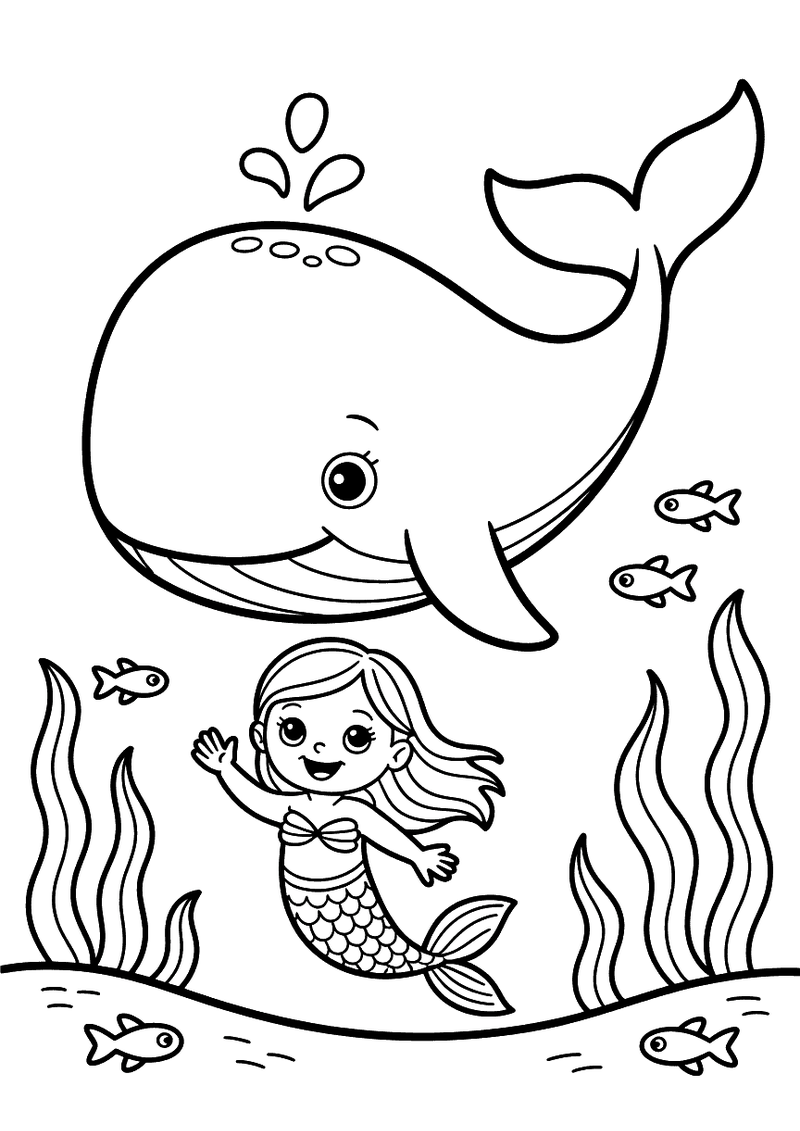 Kleurplaat van een grote walvis met spuitgat boven een zwaaende zeemeermin met lang haar, omgeven door kleine visjes en