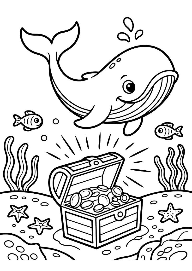 Kleurplaat van een walvis die van bovenaf naar een open houten schatkist vol goudstukken duikt op de zandige zeebodem me