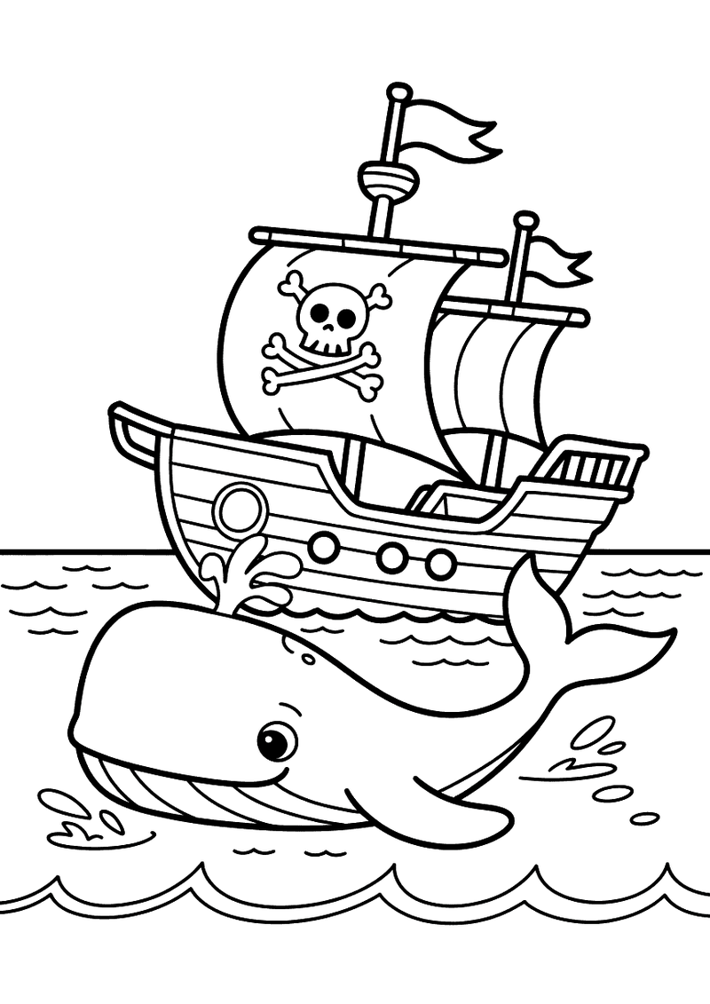 Kleurplaat van een walvis op woelige golven naast een groot houten piratenschip met zwarte schedelvlag en mast