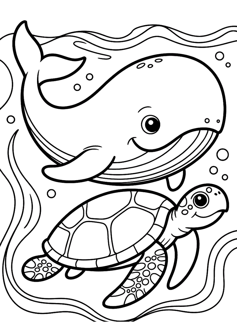 Kleurplaat van een grote lachende walvis die samen met een kleine schildpad door blauw water zwemt met luchtbellen en go