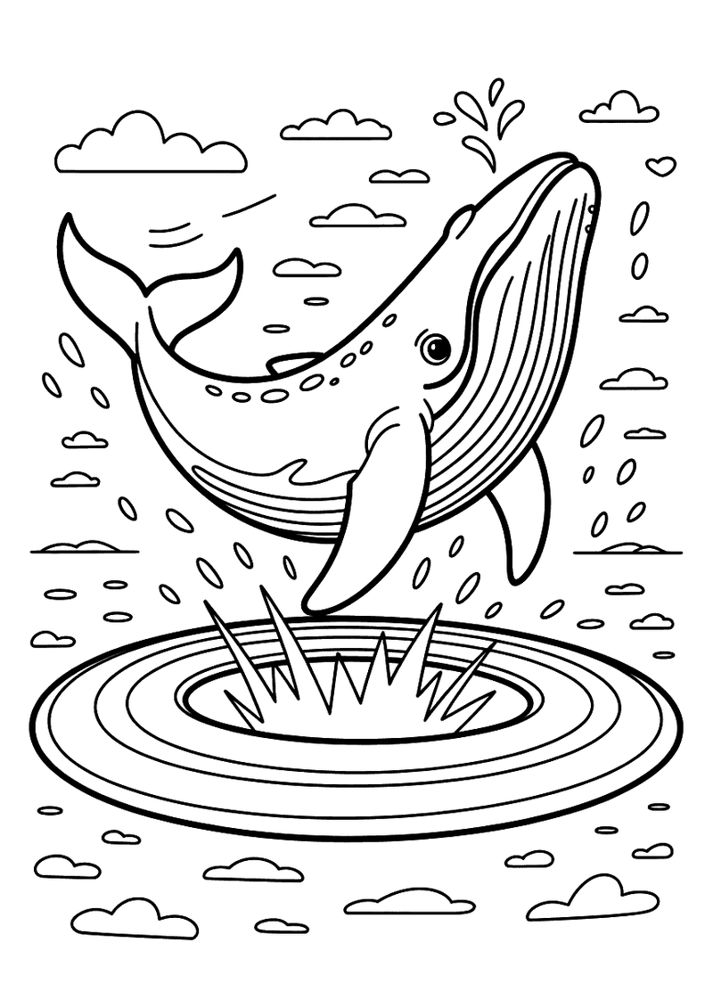 Kleurplaat van een walvis die hoog omhoog springt uit een ronde waterplas met druppels en spatten, met wolken op de acht