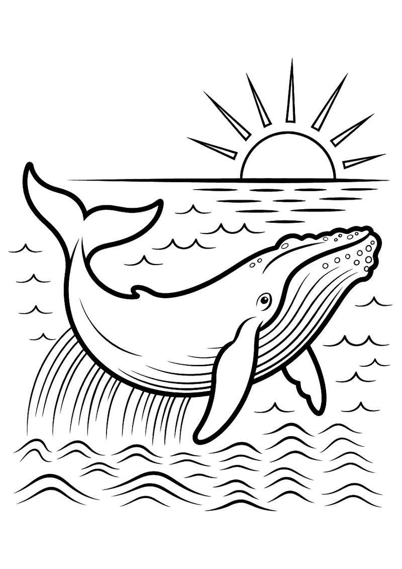 Kleurplaat van een grote walvis die uit de oceaan springt met een grote zon op de achtergrond en golven die rondom spatt