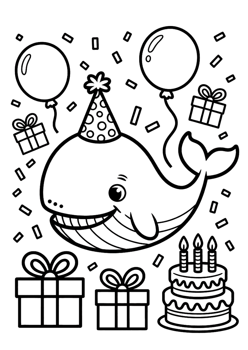 Kleurplaat van een lachende walvis met feestmuts omringd door twee ballonnen, drie cadeaupakketten en een verjaardagstaa