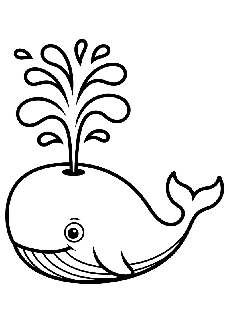 Kleurplaat van een ronde schattige walvis met een groot lachend oog die een grote sierlijke waterfontein uit zijn spuitg