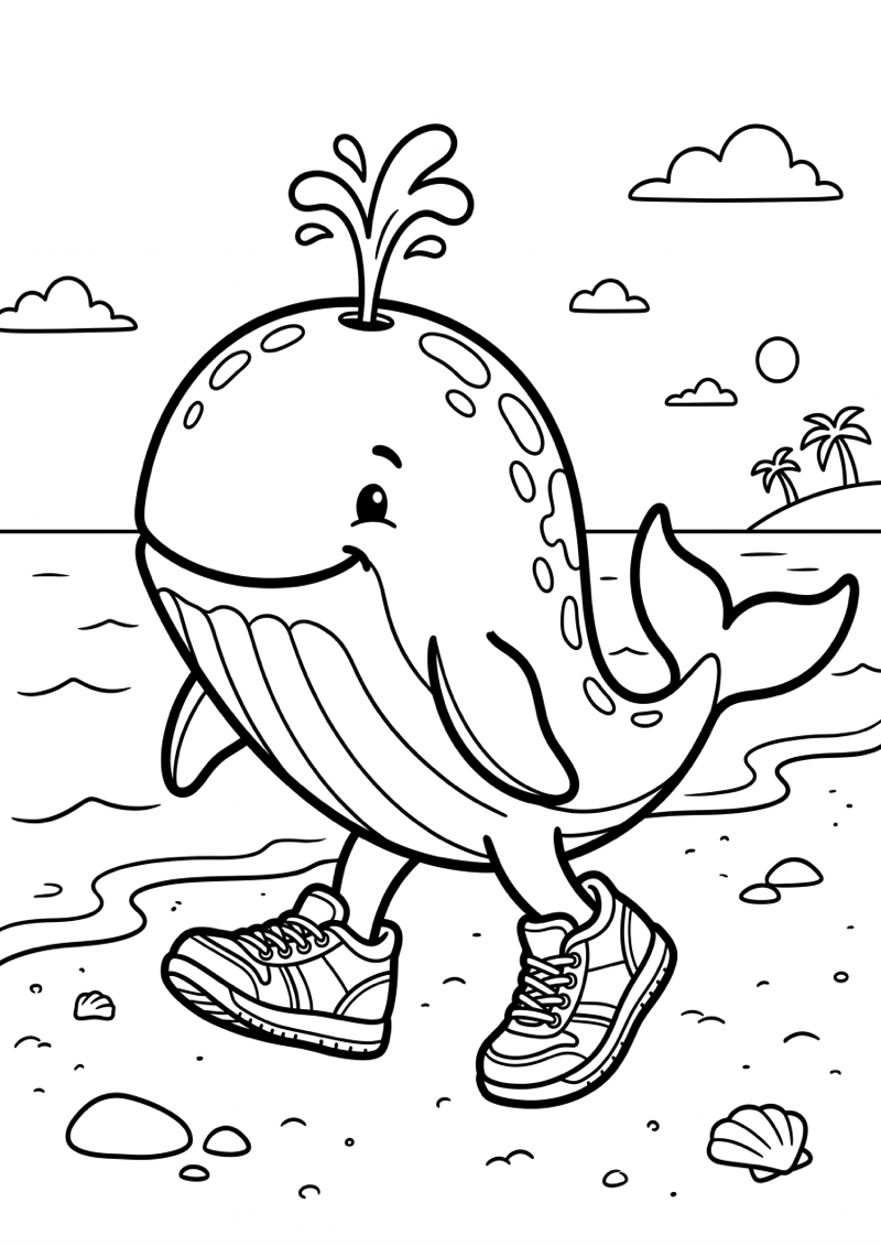 Walvis met Sportschoenen op Strand Kleurplaat — gratis kleurplaat printen