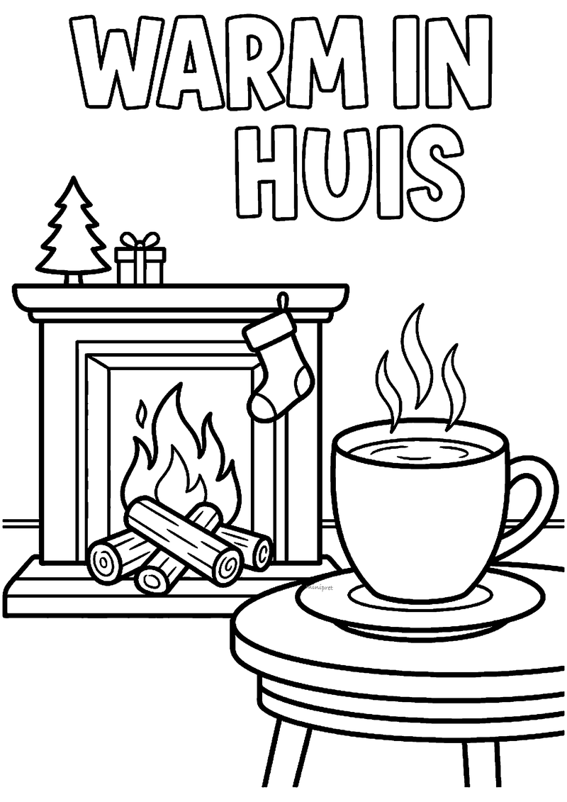 Kleurplaat met titel WARM IN HUIS boven een open haard met vuur, kerstsok, kerstboompje en stomende beker op rond.